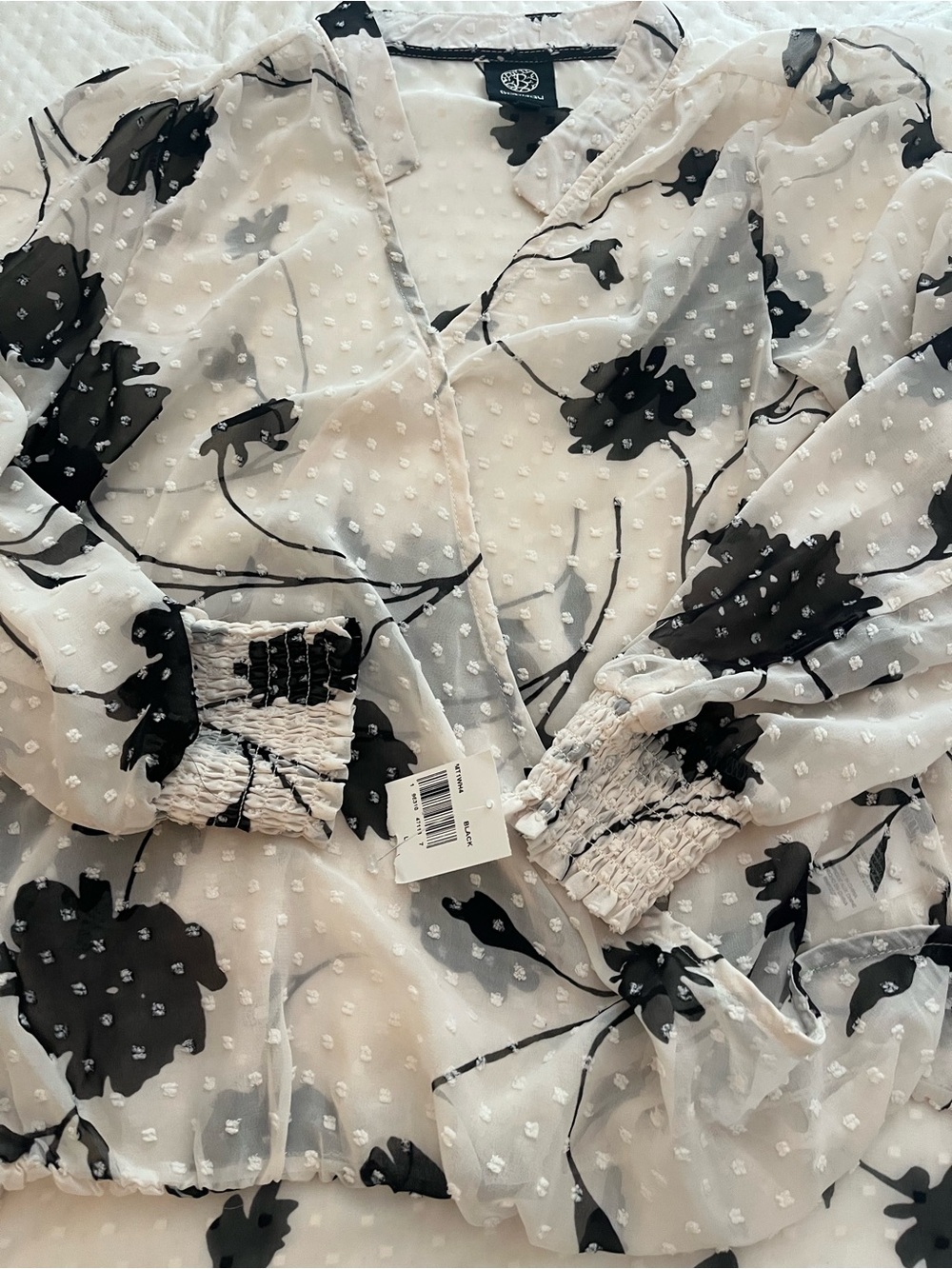 Sheer White Swiss Dot Blouse with Black Floral Print